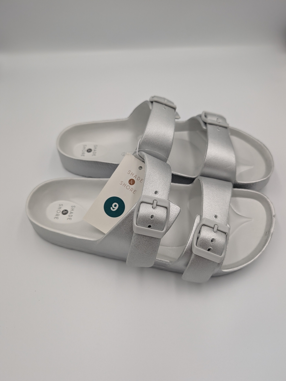 Shade & Shore Metallic Silver Double-Buckle Slide Sandals for Women